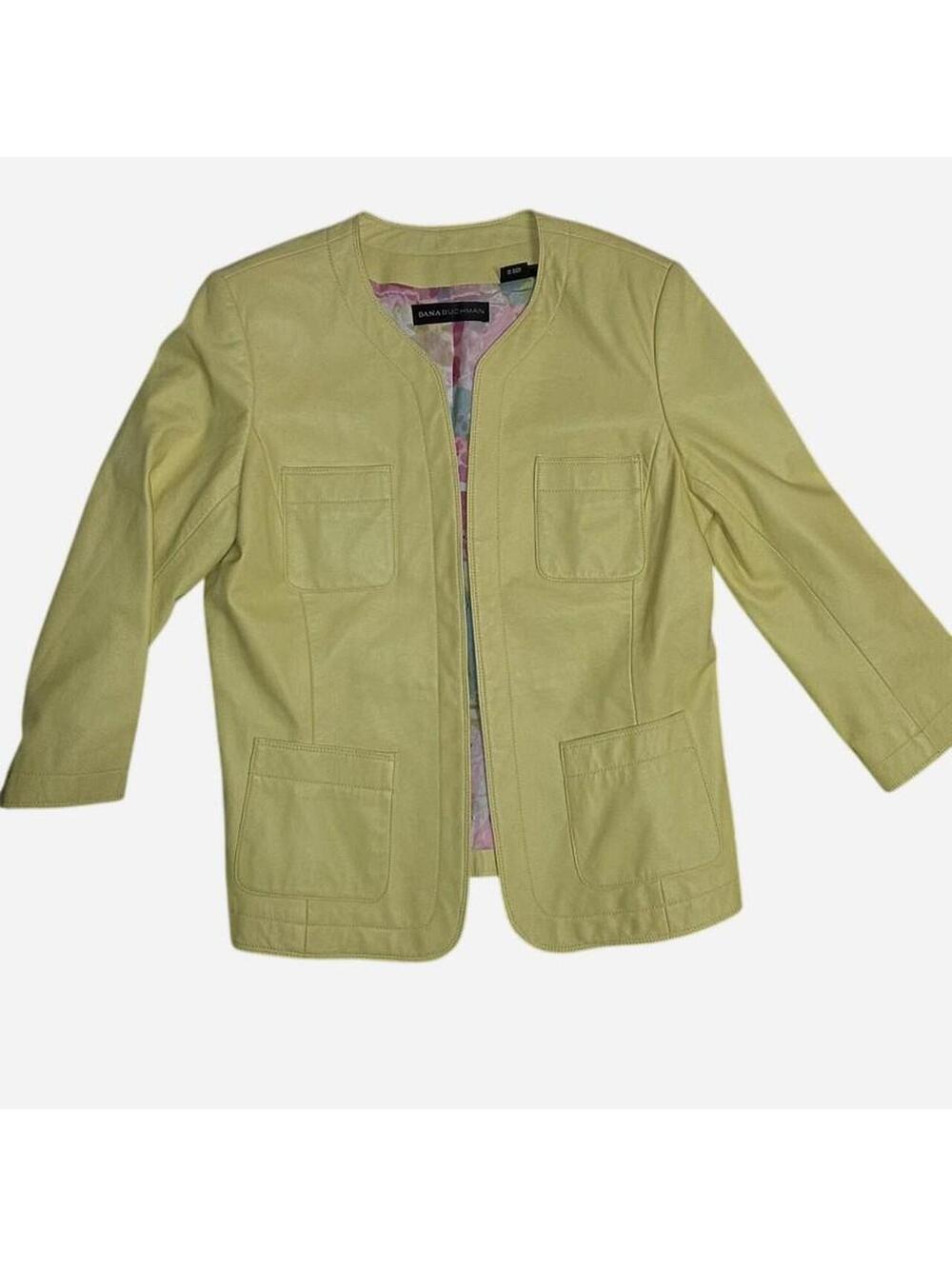 Dana Buchman Lemon Yellow Collarless Leather Jacket Blazer